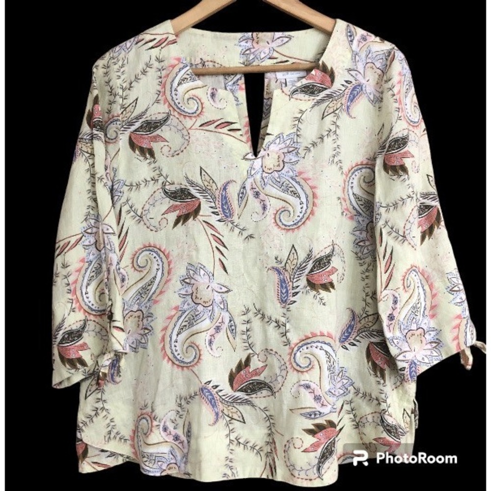 J. Jill Love Linen Paisley Floral Tunic Top Yellow Split Neck 3/4 Tie Sleeve M